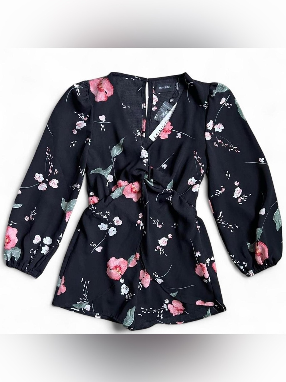MINKPINK Floral Long Sleeve Romper Black Pink V Neck Twist Front Playsuit